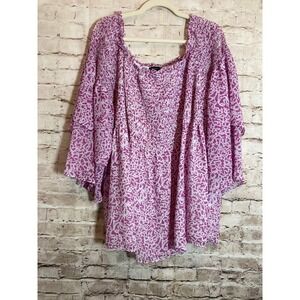 Lane Bryant Smocked Babydoll Top Womens 24 Pink Floral Bell Sleeve Peasant Boho